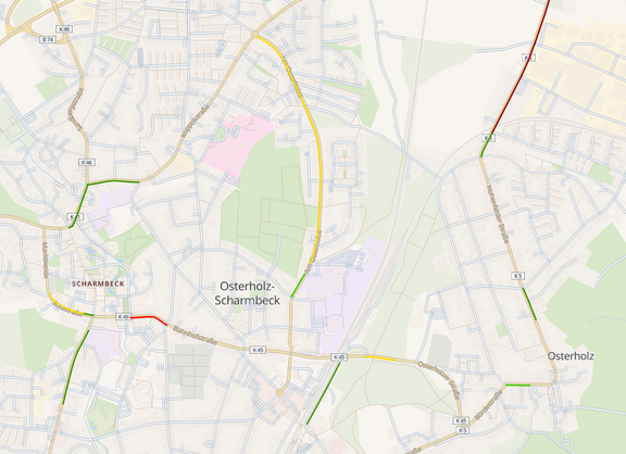 Das Bild zeigt eine Straßenkarte von Osterholz-Scharmbeck. Straßen mit Abstandsmessdaten sind rot, gelb oder grün hinterlegt.