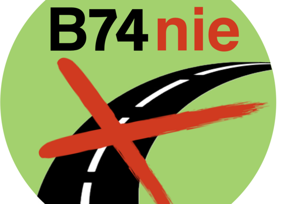 Das Bild zeigt den Text B74 nie über einer angedeuteten Straße, die mit einem roten Kreuz durchkreuzt ist