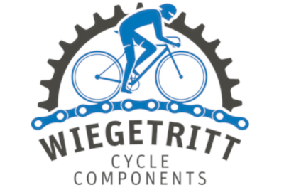 Logo mit blauem Fahrrad und Text Wiegetritt Cycle Components