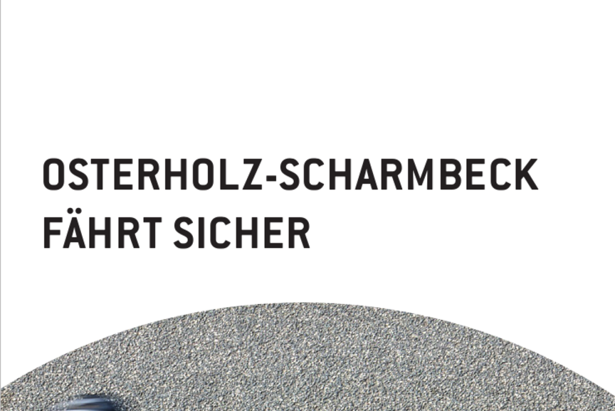 Osterholz-Scharmbeck fährt sicher Es steht der Text Osterholz-Scharmbeck fährt sicher. Darüber die Logos des ADFC Osterholz, des Polizeikommissariats Osterholz und der Stadt Osterholz-Scharmbeck